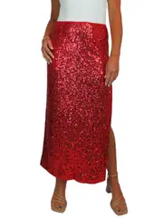 Paulo Due Womens Sequin Maxi Skirt with Side Slit Red UK M