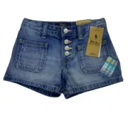 Polo Ralph Lauren Girls Patchwork Cotton Blue Denim Shorts Multi Patch Sz 4 NWT