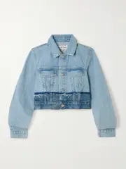 [SLVRLAKE] SLVRLAKE - Trucker Cropped Distressed Two-tone Denim Jacket - Light denim - small small Blue