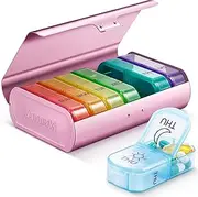 Zannaki Metal XL Weekly Pill Organizer 2 Times a Day, Large Travel Daily Pill Box 7 Day, Portable Week Twice Pill Holder Container, AM PM Pill Case for Medicine Vitamin Medication Supplement, Pink
