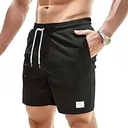 [JEShifangjiusu] Men's Side Pockets Drawstring Shorts Elastic Waist Cargo Straight Pants Short Wide Leg Pants, Black A1, XL