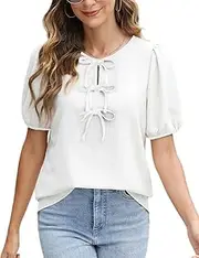 [CiCiBird] Womens Dressy Casual Shirt Summer Work Blouses Tie Front Puff Short Sleeve Tops