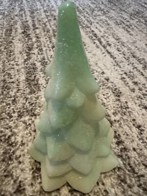 FENTON ART GLASS OPAL SANDED GREEN GLASS WITH GlITTER CHRISTMAS TREE 7 1/4”