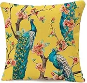IBILIU Peacock Painting Throw Pillow Covers 18X18,Watercolor Peacock Cherry Blossom Flower Yellow Cotton Linen Cushion Cases Decorative Pillow Cases for Couch Sofa Bedroom