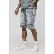Mens Light Grey Tall Slim Fit Frayed Panel Denim Shorts