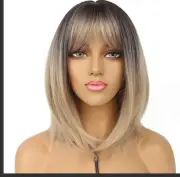 LANCAINI Bob Wigs With Bangs Ombre Blonde Straight Shoulder Length Synthetic Wig