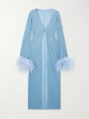 [Oséree] Oséree - Lumière Feather-trimmed Metallic Stretch Coverup - Light blue - large large Blue