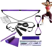 Pilates Bar Kit | Resistance Band Pilates Bar Skipping Rope | 8X Home Gym Accessories, Workout Equipment, Stretching Yoga Set for Legs, Hip, Waist & Arm