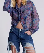 New One Teaspoon Stevies Boyfriend Denim Shorts Womens 23 Slim Distressed Blue