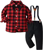 [Generic] Boys Easter Outfits Toddler Boy Clothes Christmas Baby Boy Clothes Baby Plaid Shirt Suspender Pants Set Outfit Jacket Baby Boy (Red, 18-24 Months)