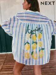 Blue/White/Lemon Print Beach Shirt Cover-Up (H12206) | $66
