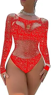 [Mingnos] Glitter Bodysuits for Women Sexy Sheer Mesh Long Sleeve Bodysuit Mesh Body Rave Festival Outfit