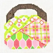 Hand-painted Needlepoint Canvas, Pink & Green Handbag, 4" Circle, 18m