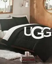 2 pc UGG Devon Textured Black Solid Twin / Twin XL Comforter & Sham Set NIP