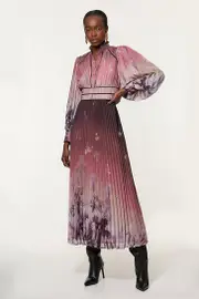 Crinkle Pleat Border Floral Button Front Woven Maxi Dress