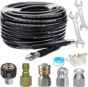 WEST BAY Sewer Jetter Kit 50 FT for Pressure Washer, 5800PSI Drain Cleaner Hose 1/4 Inch NPT, Corner, Rotating & Button Nose Sewer Jetting Nozzle with Spanner Watertight Tape Pearl Corsage Pin