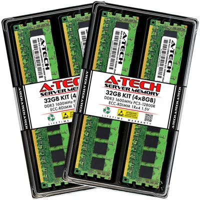 A-Tech 32GB 4x 8GB 1Rx4 PC3-12800R DDR3 1600MHz ECC RDIMM REG Server Memory RAM