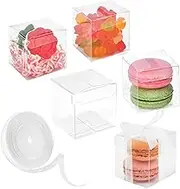 Jutieuo 100 Pack 2x2x2 Inches Clear Favor Boxes with Ribbons, Mini Transparent Cube Treat Boxes for Candy & Chocolate Bomb, Plastic Individual Macaron Packaging Box for 2