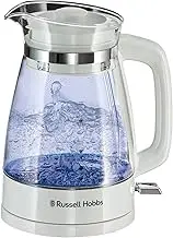 Russell Hobbs Carafe Style 1.7L Cordless Electric Glass Kettle with white handle, lid & base and blue internal illumination (Fast boil, 3KW, Anti-scale filter, Pull off lid, unique glass spout) 26081