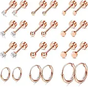 [Sanfenly] Small Tiny Stud Flat Back Earring Hypoallergenic Gold Studs 14K Surgical Steel Earring Sets for Multiple Piercing Cartilage Hoop Earrings