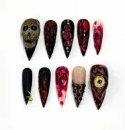Horror Night Long Stiletto Press-On Nails | Hand-Painted Gothic Y2K Halloween