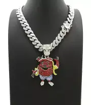 Hip Hop Silver PT Kool Aid Man Pendant & 16" 18" 20" Iced Cuban chain Necklace