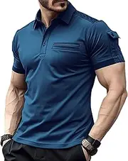 [Generic] Men's Athletic Polo Shirts Short Sleeve Stand Collar T-Shirts Slim Fit Solid Performance Golf Shirts with Pocket, Blue 1, Medium