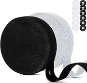 2 Rolls Buttonhole Elastic Band, 20mm x 14m Elastic Knit Spandex Spool, Black White Webbing Stretch Band, Sewing Elastic Tape with Button Holes, High Elasticity Knit Stretchable Band for Jeans Skirts