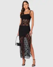 EDIKTED Womens Sheer Mesh & Lace Patchwork Maxi Dress BLACK