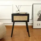 Mid Century Modern Nightstand, Rattan Side Table with Drawer, Black Bedside T...