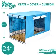 Paw Mate Wire Dog Cage Crate 24in with Tray + Cushion Mat + Blue Cover Combo
