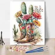 Rebotipy Paint by Number for Adults Beginner, Cowboy Boots Cacti and Flowers DIY Painting by Numbers Kits for Kids Paint Kits Canvas Arts Crafts for Home Decor 16x20 Inch