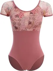 [ODASDO] Women Ballet Dance Leotards Short Sleeve Mesh Floral Backless Bodysuit with Padded Bra for Gymnastics Aerial Yoga