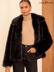 Love & Roses Black Faux Fur Collared Coat (AD7441) | $112