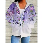 Women's Oversized Zip Up Hoodies Floral Vintage Sports Streetwear Long Sleeve Hooded Regular Tops Casual Holiday Zip Up Drawstring Front Pocket Blue Violet Spr