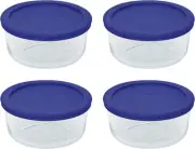 Pyrex Storage 4 Cup Round Dish, Clear with Blue Lid, Pack of 4 Containers