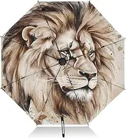 [PDZRMY] Lion Head Art UV Protection Travel Umbrella Compact for Rain and Sun - Auto Open and Close UPF 50+ Windproof Portable 46” Sun Umbrella for Women and Men