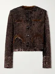 [BLAZÉ Milano] BLAZÉ Milano - Tropicana Shamo Cotton Velvet-trimmed Sequined Satin Jacket - Brown - 0 0 Brown