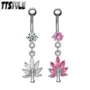 TTStyle Clear/Pink CZ Pot Leaf Dangle Belly Bar Ring