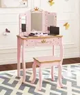 Pretend Play Kids Vanity Set with Mirror and Stool, Kids Make up Vanity Desk wit