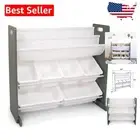 Grey and White 6 Bin Toy Organizer & 2 Tier Book Shelf – Ideal for Kids’ Rooms