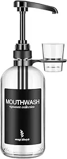 Onsogi Clear Glass Mouthwash Dispenser with Black Cup Holder and Pump, 16 Oz Rustic Boho Mouthwash Dispenser for Bathroom Farmhouse Decor - 1 Pack