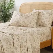 [Zusbest] Queen Sheet Set 100% Percale Cotton Beige Floral Bed Sheet Set, Brushed for Extra Softness, Breathable Luxury Toile Flannel Sheets Like Khaki Flower Print Deep Pocket Sheets 17.5'' 4 Pcs