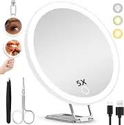 JJhxr 5X Magnifying Mirror with Lights, 5X Makeup Magnification 6inch Magnified Mirror Large Travel Lighted Magnification with Adjustable Table Stand & Suction Cups - Included Tweezers & Scissors Set
