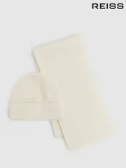 Reiss Off White Chesterfield Merino Wool Ribbed Scarf And Beanie Set (E45228) | $225