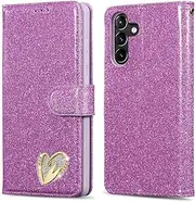 [QLTYPRI] Case for Samsung Galaxy A15 4G/5G, Bling Shiny Glitter Flip Folio Case Full-Body Protective Cover Card Slots Magnetic Closure Kickstand Wrist Strap for Women Girls A15 Case - Purple