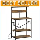 Elegant Microwave Stand with Hooks – 4-Tier Storage Rack in Rustic Brown Finish