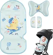 AIRCADIA Seat Cover Pram Summer Pram 5 Point Strap Cooling Cushion Soft Breathable Pack of 3 Cooler Cushion Shoulder Pads Head Cushion Children with Cute Animals (Dino)
