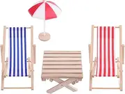 Miniature Dollhouse Beach Chair, 4 Pieces 1:12 Beach Decoration Outdoor Accessories Mini Dolls Twin Deck Chairs Umbrella Table for DIY Garden Zen Sea Beach Furniture Decor Gift