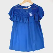 NWT Greige Top Shirt Women's Size Large Blue Solid Short Flutter Sleeve Crochet